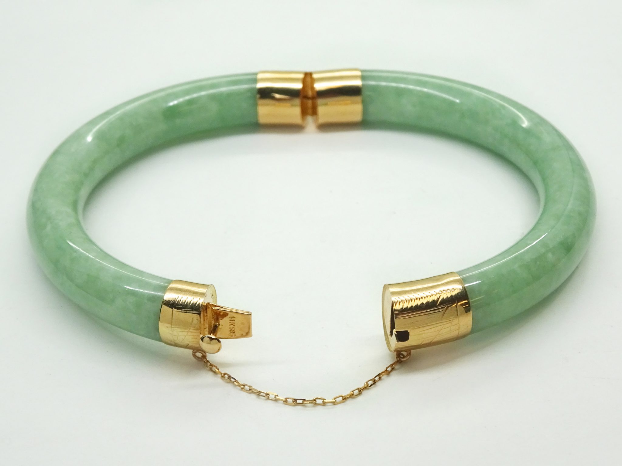 Estate 9mm Jadeite Bangle Bracelet, 14k Yellow Gold Clasp + Safety